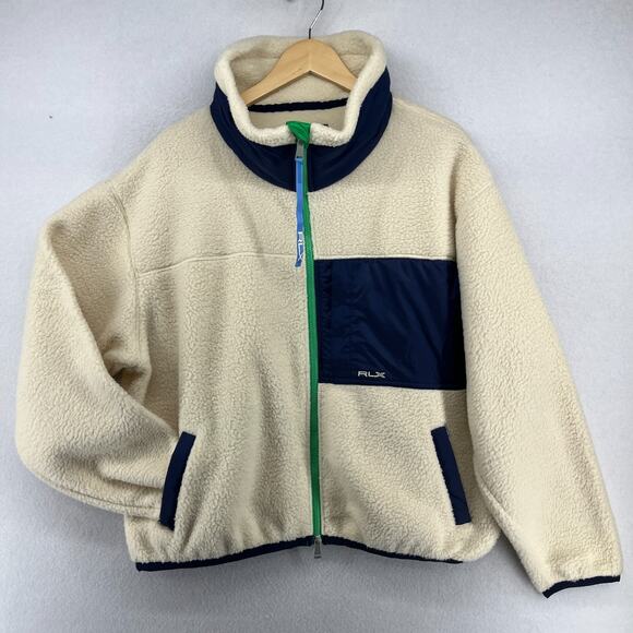 RALPH LAUREN Fleece Womens L RLX Ripstop Trim Full Zip Funnel Neck Off White
